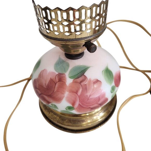 Vintage Floral Glass Hurricane Lamps With Hand-Painted Roses & Frosted Chimneys - Picture 3 of 5